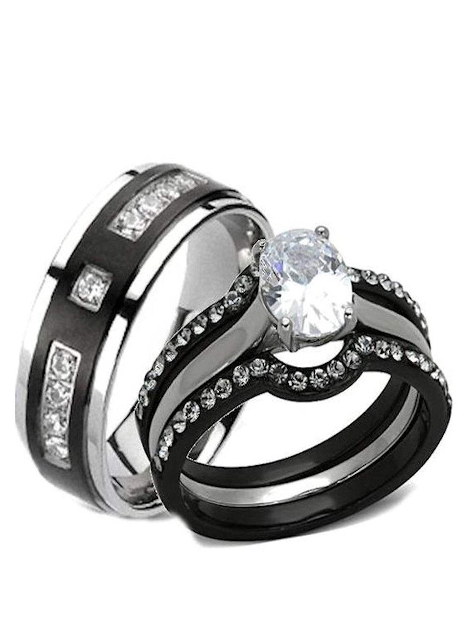 His Hers Women and Men 4 Piece Black Stainless Steel Wedding Ring Set \u0026 Men's Black Titanium Band